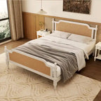 Lit plateforme en rotin noyer/blanc antique avec tête et pied de lit, grand lit et très grand lit, pour 2 personnes