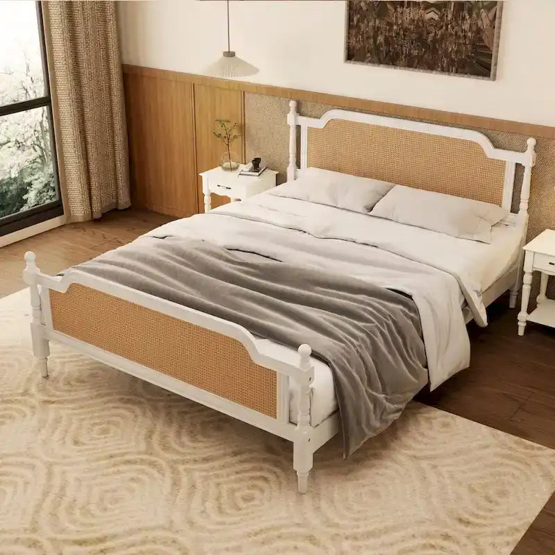 Lit plateforme en rotin noyer/blanc antique avec tête et pied de lit, grand lit et très grand lit, pour 2 personnes