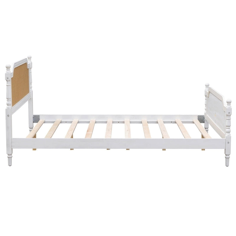 Lit plateforme en rotin noyer/blanc antique avec tête et pied de lit, grand lit et très grand lit, pour 2 personnes