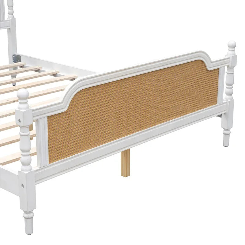 Lit plateforme en rotin noyer/blanc antique avec tête et pied de lit, grand lit et très grand lit, pour 2 personnes