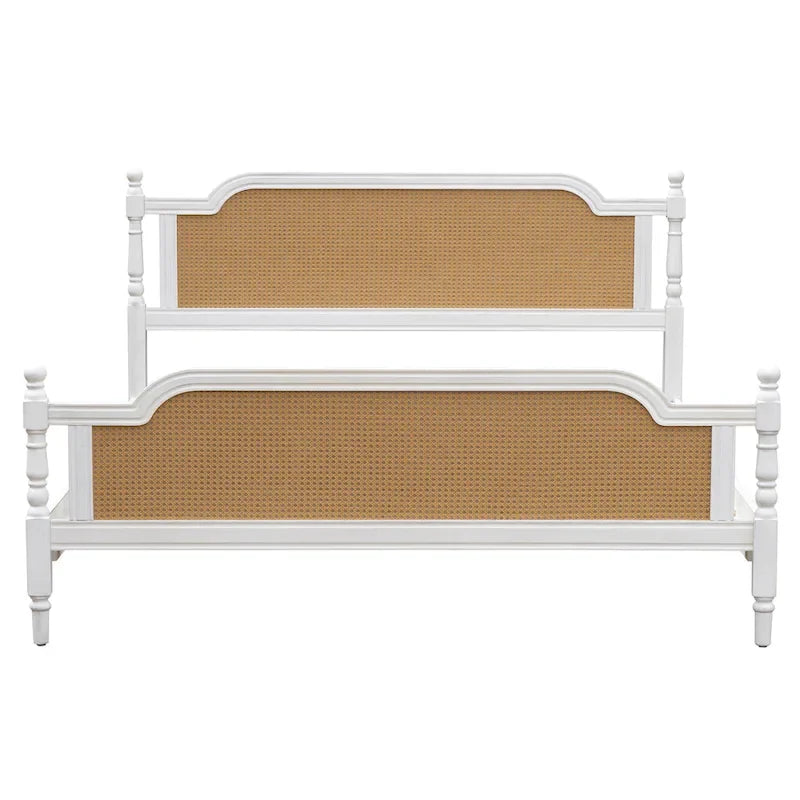 Lit plateforme en rotin noyer/blanc antique avec tête et pied de lit, grand lit et très grand lit, pour 2 personnes