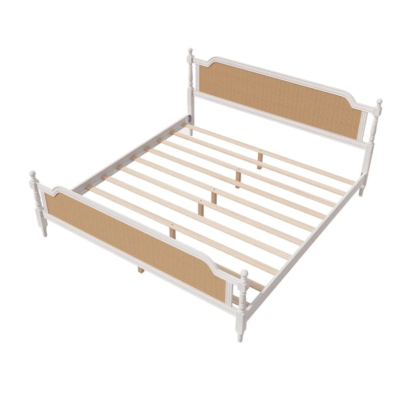 Lit plateforme en rotin noyer/blanc antique avec tête et pied de lit, grand lit et très grand lit, pour 2 personnes