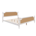 Lit plateforme en rotin noyer/blanc antique avec tête et pied de lit, grand lit et très grand lit, pour 2 personnes