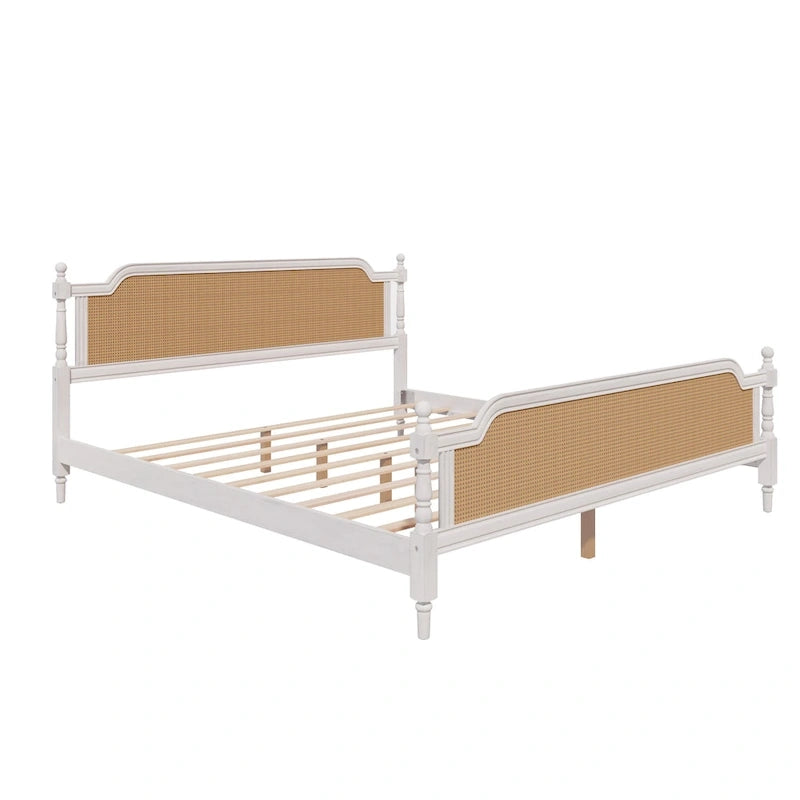 Lit plateforme en rotin noyer/blanc antique avec tête et pied de lit, grand lit et très grand lit, pour 2 personnes