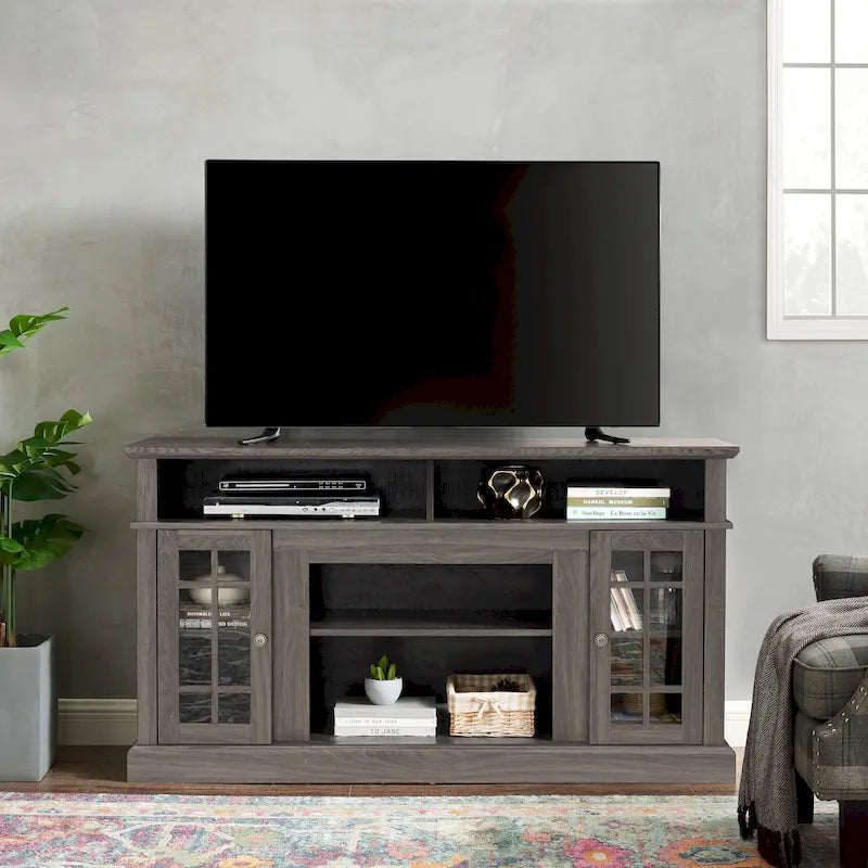 Meuble TV 58 po avec rangements ouverts et fermés – Expresso / Gris délavé / Noir + Noyer foncé, convient aux téléviseurs jusqu'à 65 po