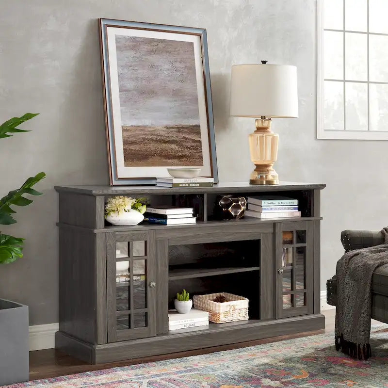 Meuble TV 58 po avec rangements ouverts et fermés – Expresso / Gris délavé / Noir + Noyer foncé, convient aux téléviseurs jusqu'à 65 po