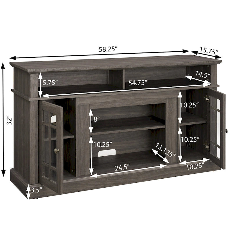 Meuble TV 58 po avec rangements ouverts et fermés – Expresso / Gris délavé / Noir + Noyer foncé, convient aux téléviseurs jusqu'à 65 po