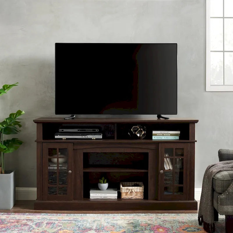 Meuble TV 58 po avec rangements ouverts et fermés – Expresso / Gris délavé / Noir + Noyer foncé, convient aux téléviseurs jusqu'à 65 po