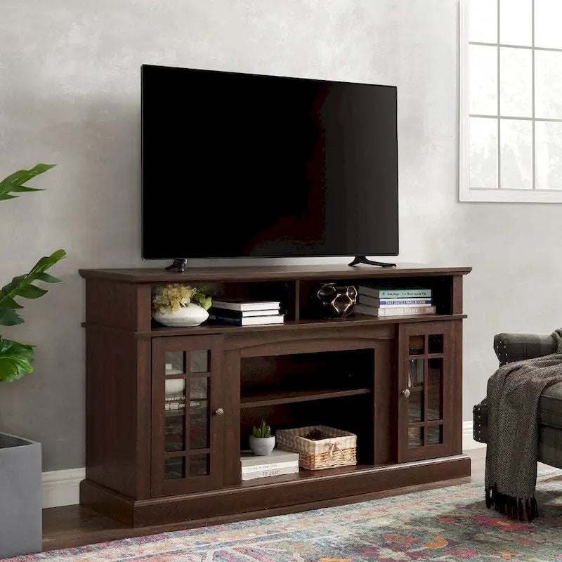 Meuble TV 58 po avec rangements ouverts et fermés – Expresso / Gris délavé / Noir + Noyer foncé, convient aux téléviseurs jusqu'à 65 po