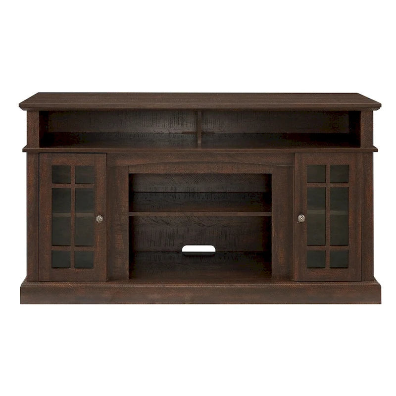 Meuble TV 58 po avec rangements ouverts et fermés – Expresso / Gris délavé / Noir + Noyer foncé, convient aux téléviseurs jusqu'à 65 po