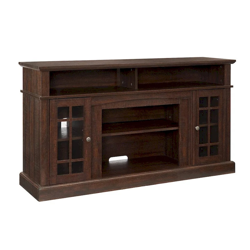 Meuble TV 58 po avec rangements ouverts et fermés – Expresso / Gris délavé / Noir + Noyer foncé, convient aux téléviseurs jusqu'à 65 po