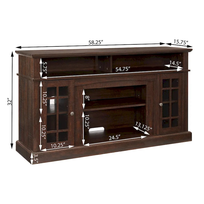 Meuble TV 58 po avec rangements ouverts et fermés – Expresso / Gris délavé / Noir + Noyer foncé, convient aux téléviseurs jusqu'à 65 po