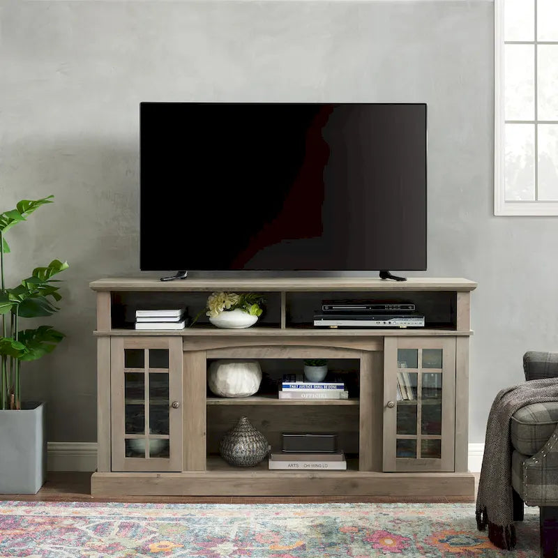 Meuble TV 58 po avec rangements ouverts et fermés – Expresso / Gris délavé / Noir + Noyer foncé, convient aux téléviseurs jusqu'à 65 po