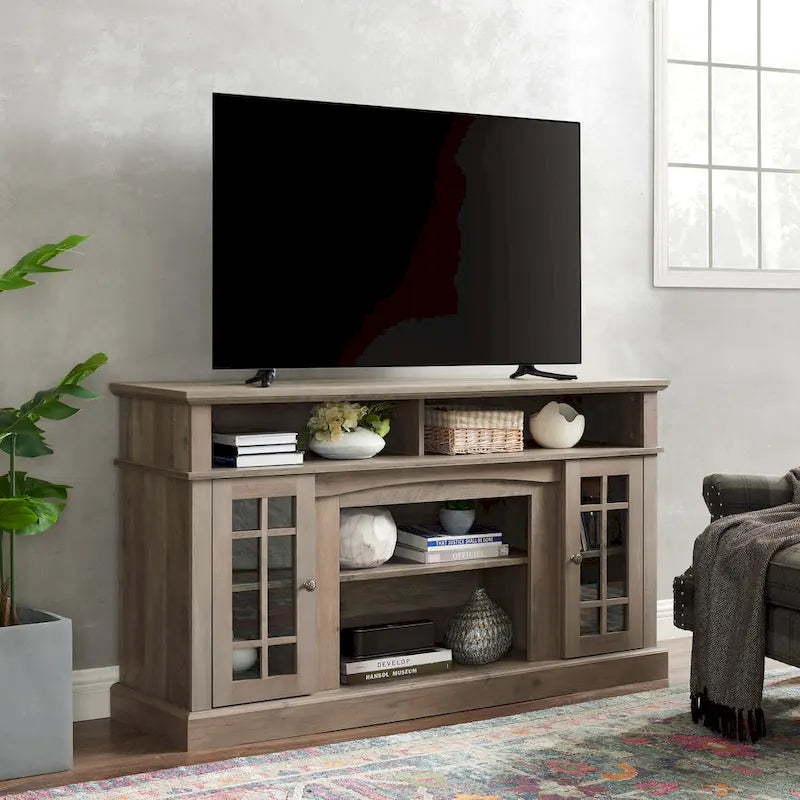 Meuble TV 58 po avec rangements ouverts et fermés – Expresso / Gris délavé / Noir + Noyer foncé, convient aux téléviseurs jusqu'à 65 po