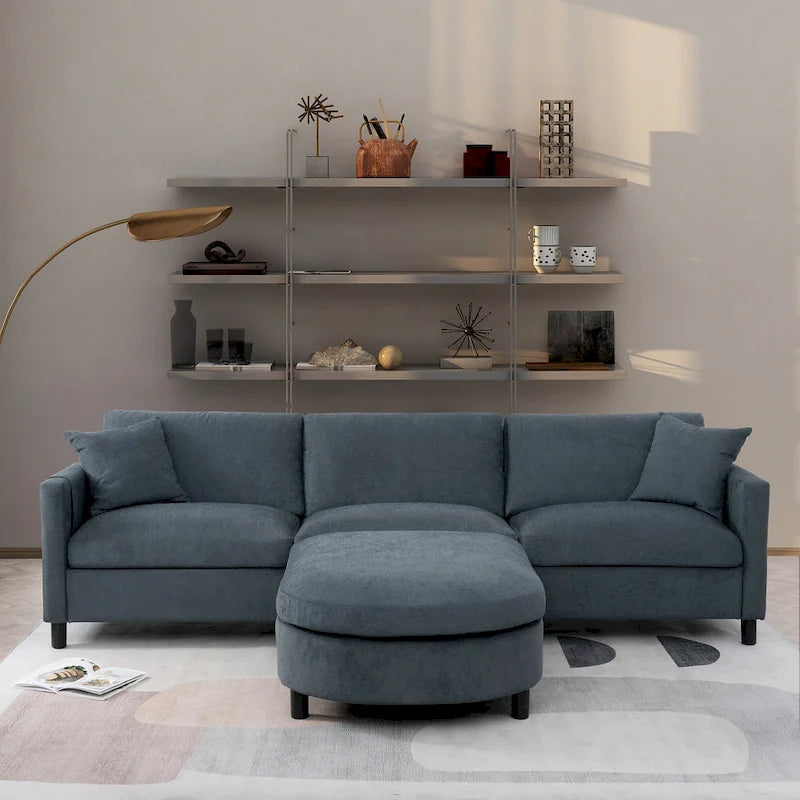 Canapé d'angle 4 places gris foncé avec pouf mobile et accoudoir de rangement