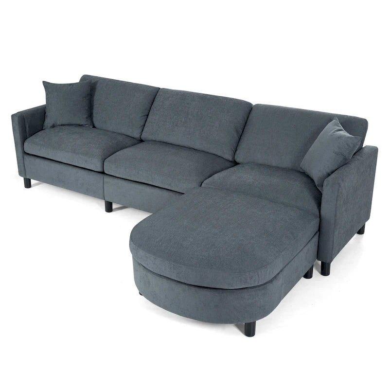 Canapé d'angle 4 places gris foncé avec pouf mobile et accoudoir de rangement