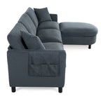 Canapé d'angle 4 places gris foncé avec pouf mobile et accoudoir de rangement