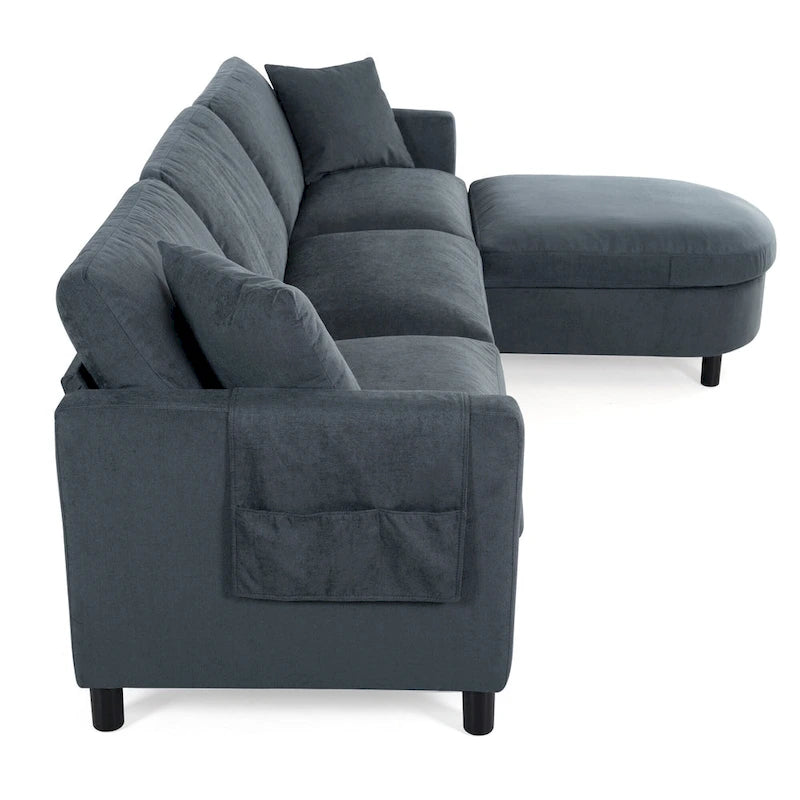 Canapé d'angle 4 places gris foncé avec pouf mobile et accoudoir de rangement