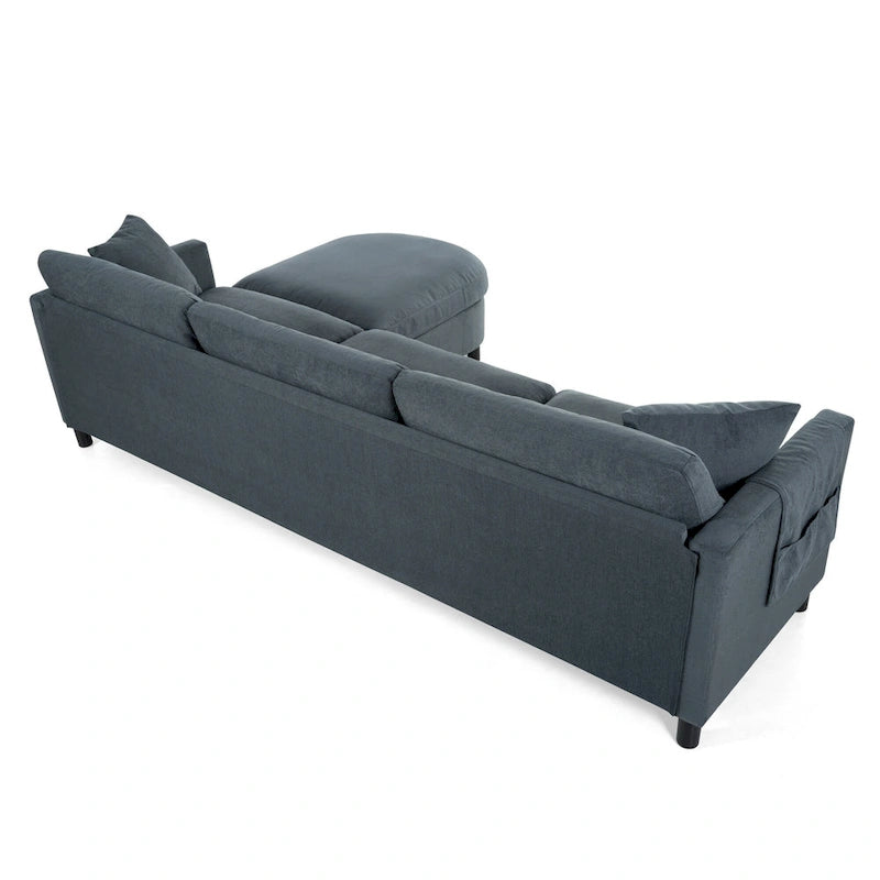 Canapé d'angle 4 places gris foncé avec pouf mobile et accoudoir de rangement