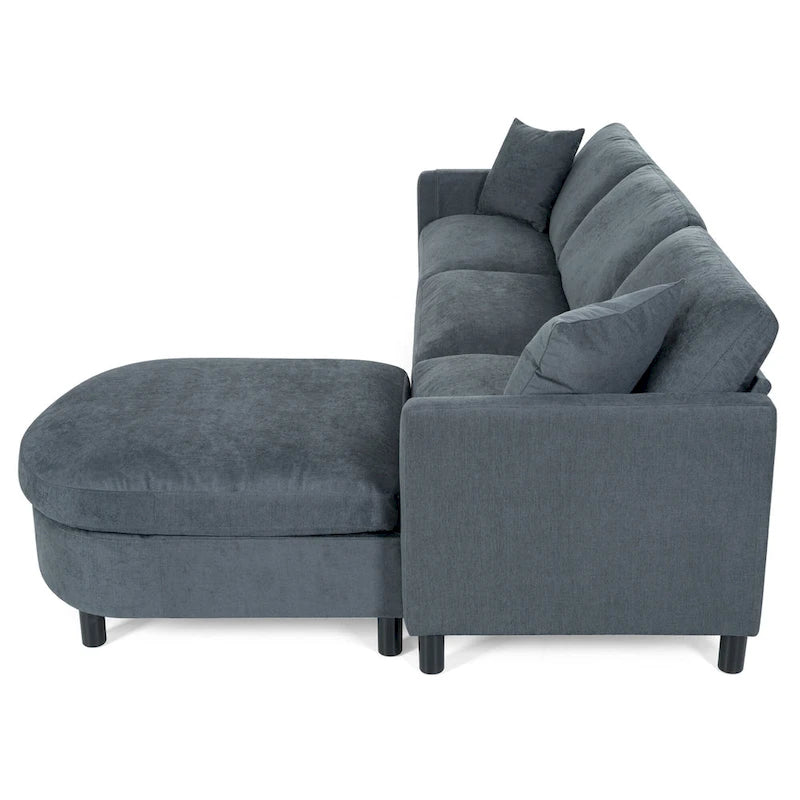 Canapé d'angle 4 places gris foncé avec pouf mobile et accoudoir de rangement
