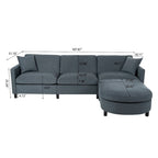Canapé d'angle 4 places gris foncé avec pouf mobile et accoudoir de rangement