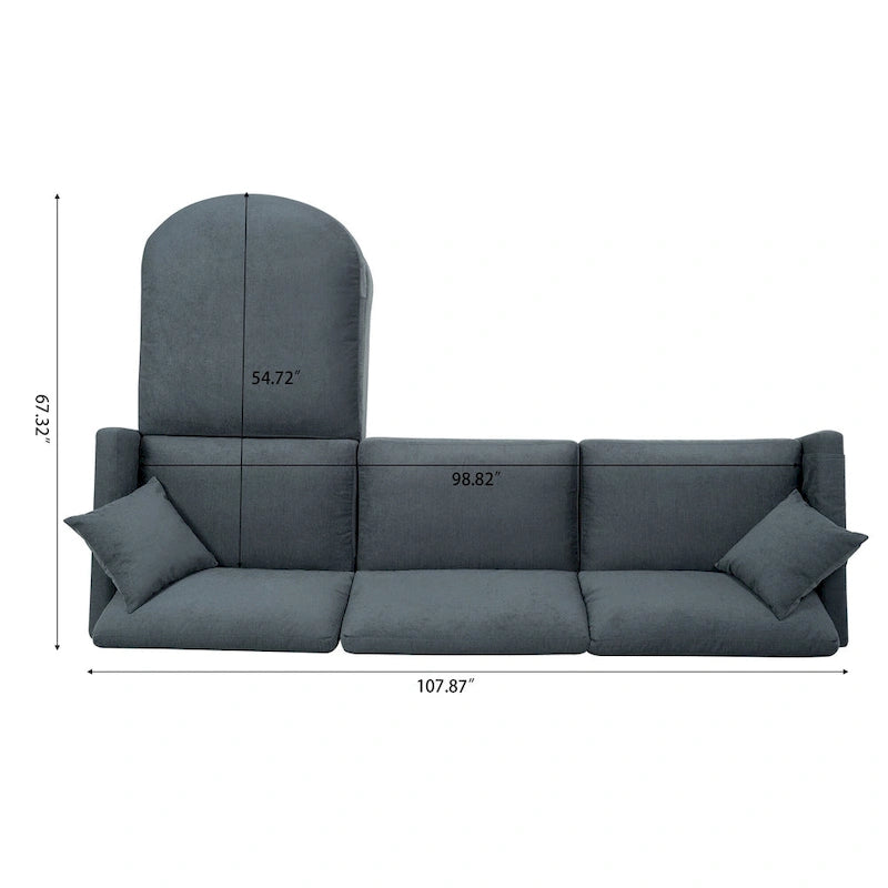 Canapé d'angle 4 places gris foncé avec pouf mobile et accoudoir de rangement