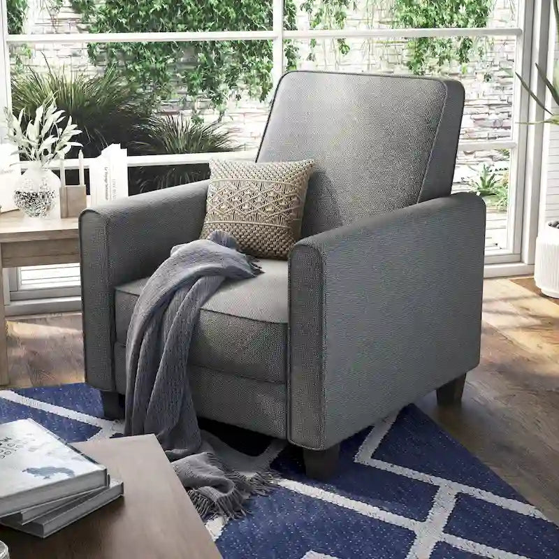 Fauteuil inclinable traditionnel beige/gris/bleu à dossier poussoir avec passepoil – 1 personne