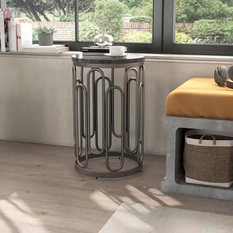Table d'appoint ronde en marbre noir avec base en fer