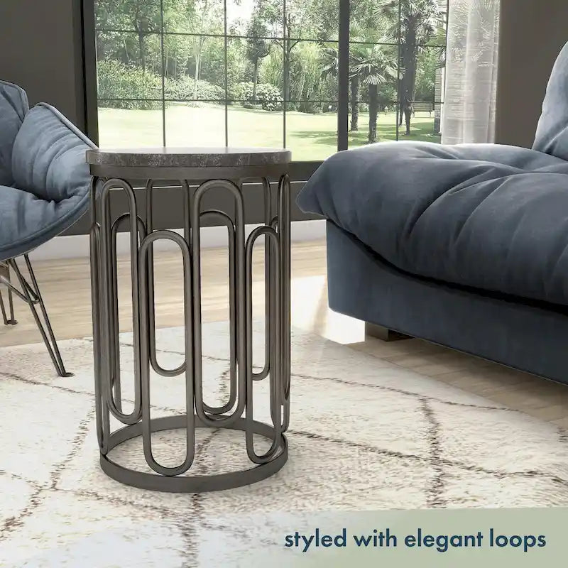 Table d'appoint ronde en marbre noir avec base en fer