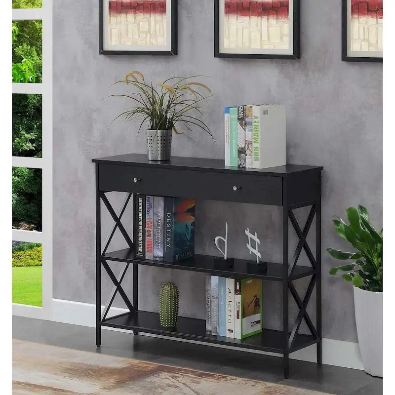Console noire / bois flotté / gris patiné avec 1 tiroir et 2 étagères