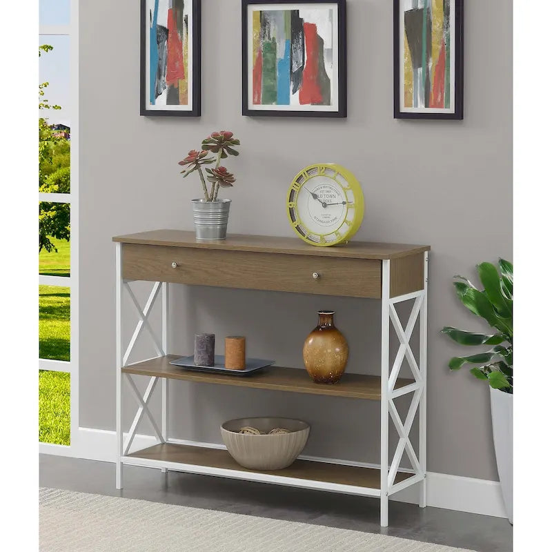 Console noire / bois flotté / gris patiné avec 1 tiroir et 2 étagères