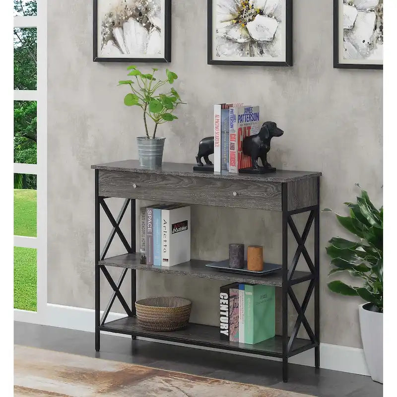 Console noire / bois flotté / gris patiné avec 1 tiroir et 2 étagères
