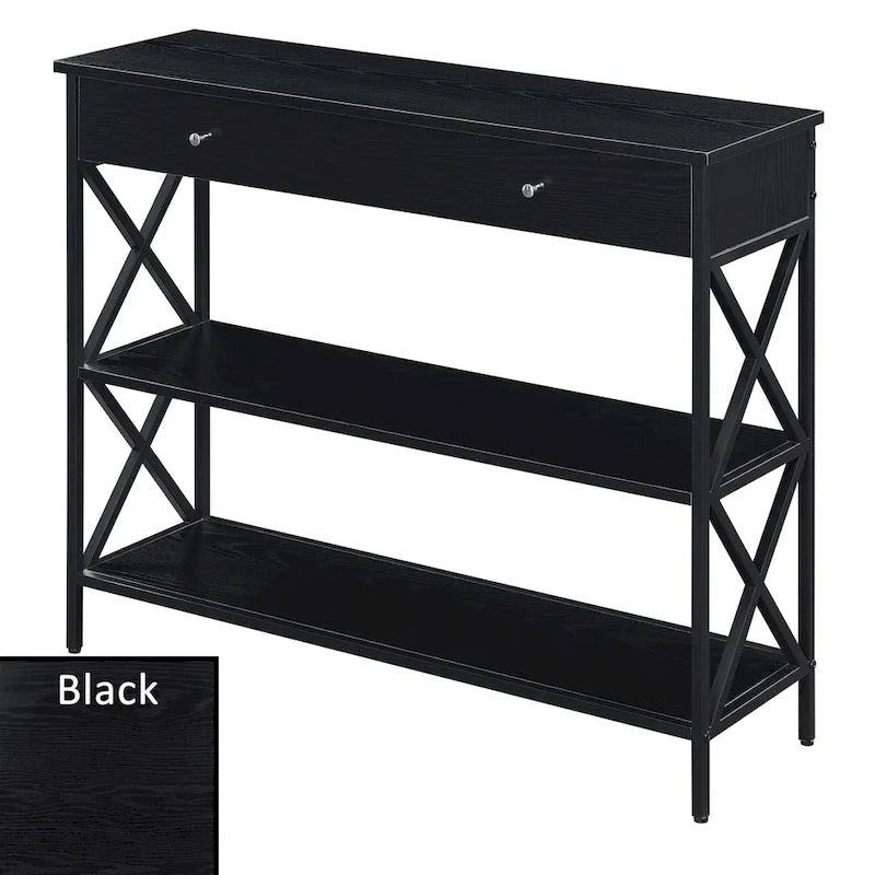 Console noire / bois flotté / gris patiné avec 1 tiroir et 2 étagères