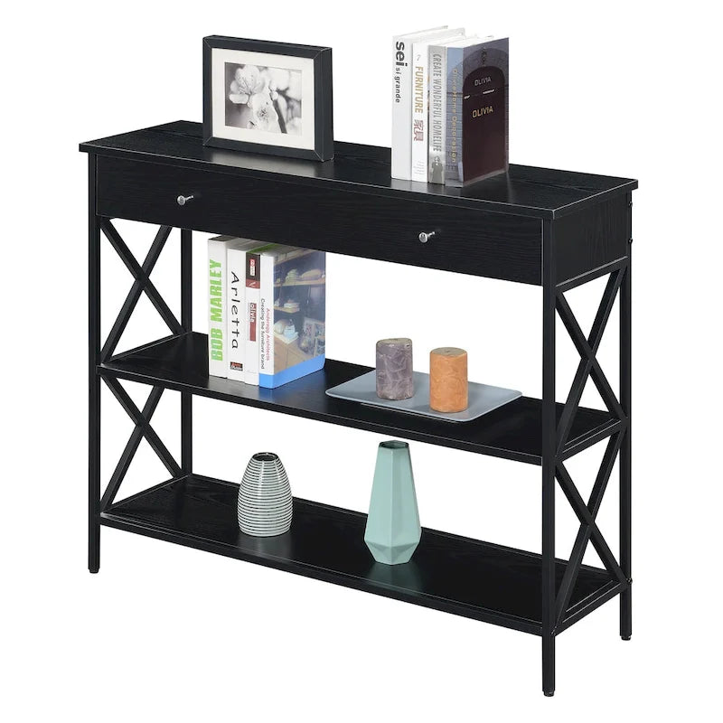 Console noire / bois flotté / gris patiné avec 1 tiroir et 2 étagères