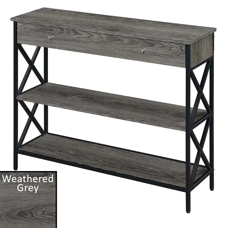 Console noire / bois flotté / gris patiné avec 1 tiroir et 2 étagères