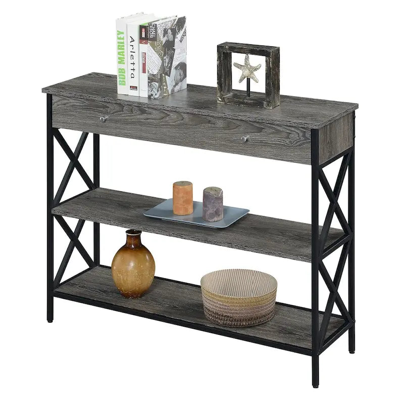 Console noire / bois flotté / gris patiné avec 1 tiroir et 2 étagères