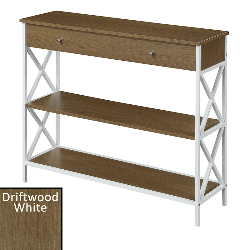 Console noire / bois flotté / gris patiné avec 1 tiroir et 2 étagères