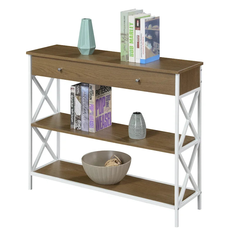Console noire / bois flotté / gris patiné avec 1 tiroir et 2 étagères