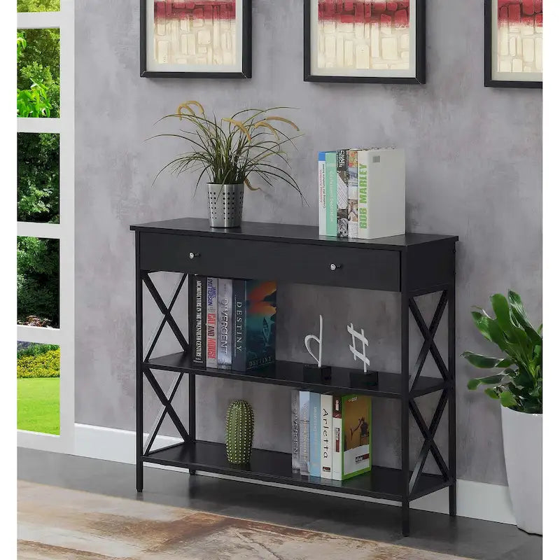 Console noire / bois flotté / gris patiné avec 1 tiroir et 2 étagères