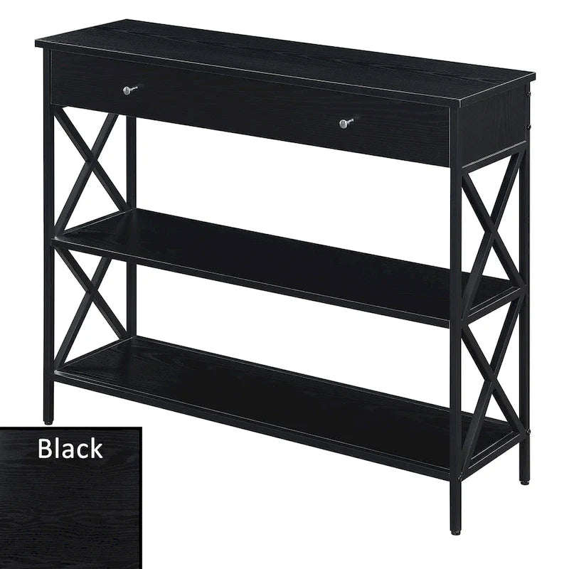 Console noire / bois flotté / gris patiné avec 1 tiroir et 2 étagères