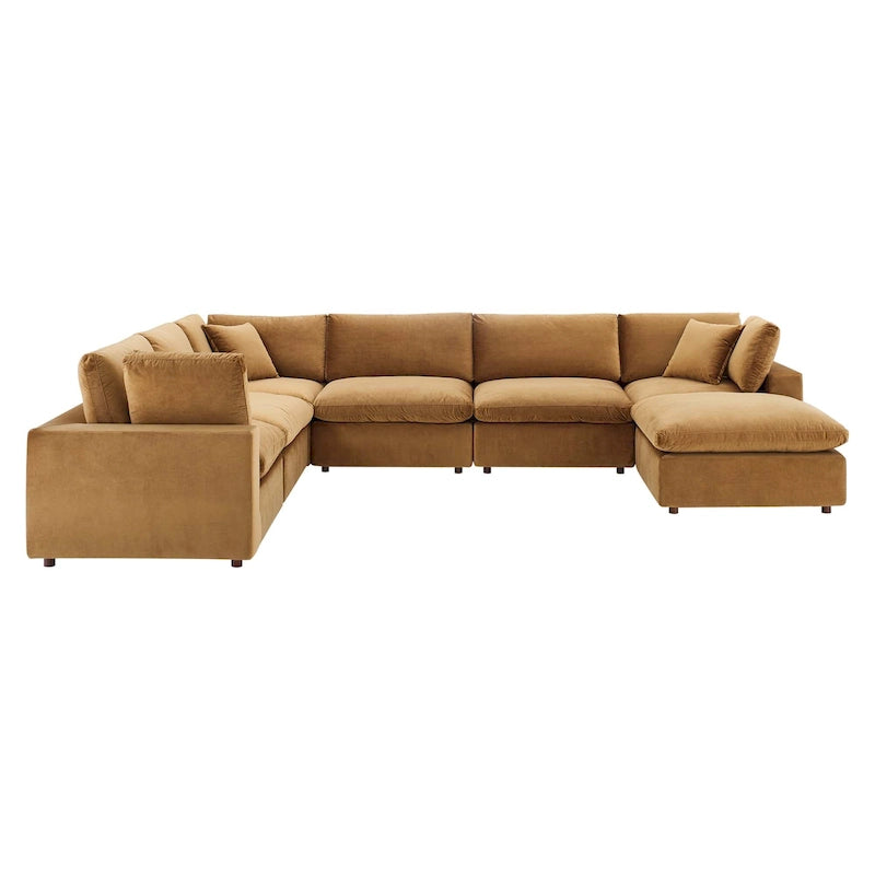 Canapé sectionnel en velours 7 places – Style moderne, 7 places | Gris clair / Cognac / Bleu marine / Rose poudré / Blanc / Gris / Vert