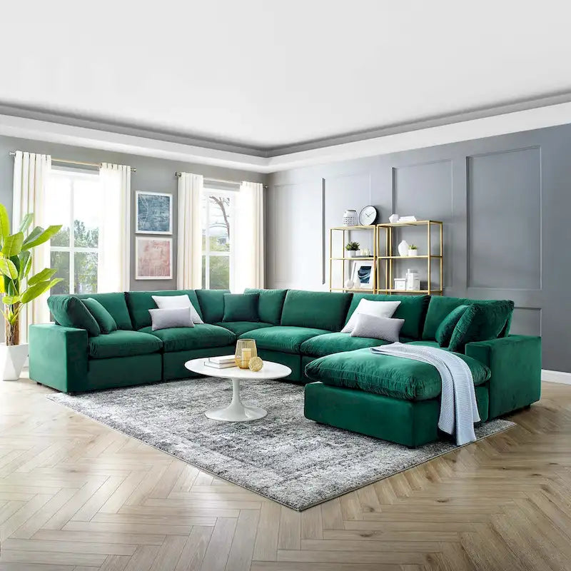 Canapé sectionnel en velours 7 places – Style moderne, 7 places | Gris clair / Cognac / Bleu marine / Rose poudré / Blanc / Gris / Vert