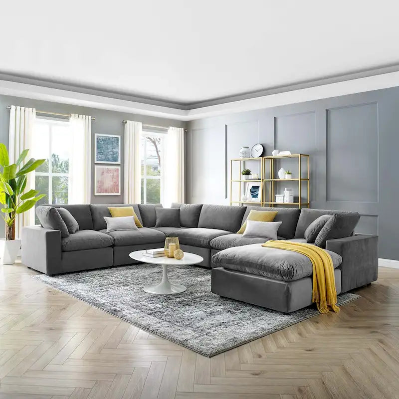 Canapé sectionnel en velours 7 places – Style moderne, 7 places | Gris clair / Cognac / Bleu marine / Rose poudré / Blanc / Gris / Vert