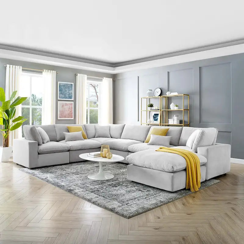 Canapé sectionnel en velours 7 places – Style moderne, 7 places | Gris clair / Cognac / Bleu marine / Rose poudré / Blanc / Gris / Vert