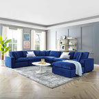 Canapé sectionnel en velours 7 places – Style moderne, 7 places | Gris clair / Cognac / Bleu marine / Rose poudré / Blanc / Gris / Vert