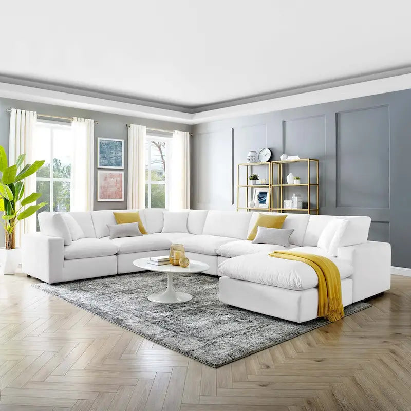 Canapé sectionnel en velours 7 places – Style moderne, 7 places | Gris clair / Cognac / Bleu marine / Rose poudré / Blanc / Gris / Vert