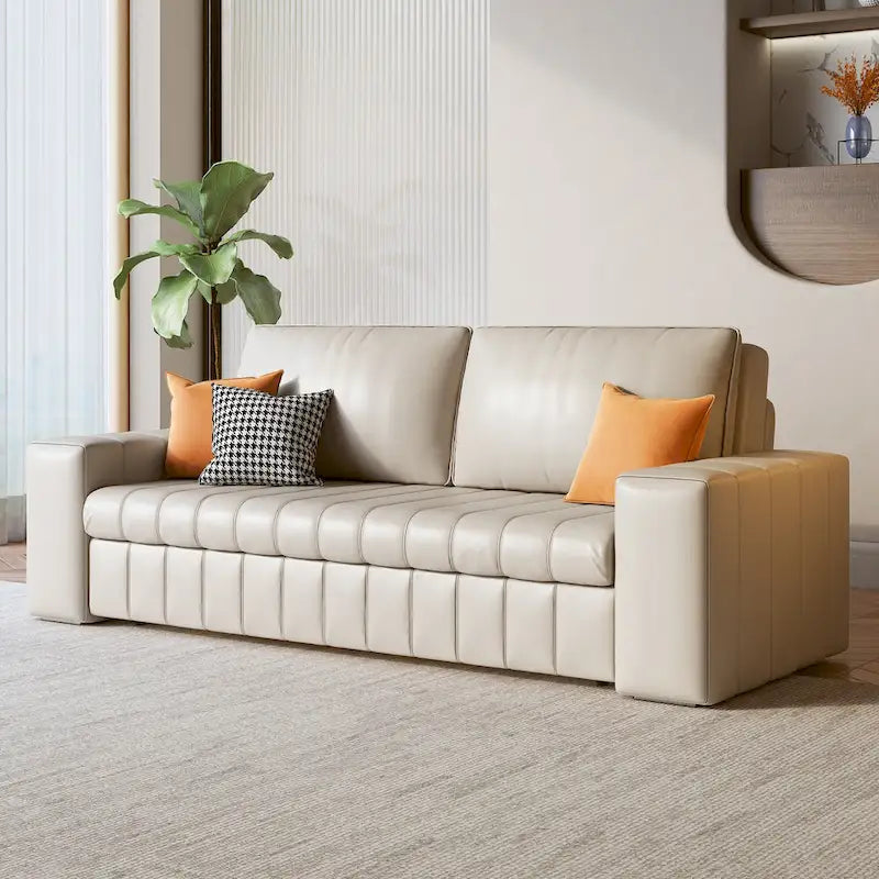 Canapé-lit 2 places en tissu gris clair / orange / noir avec rangement, 119 cm / 150 cm