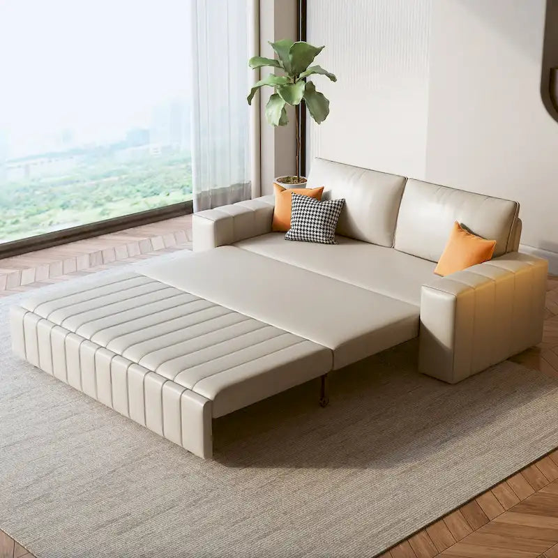 Canapé-lit 2 places en tissu gris clair / orange / noir avec rangement, 119 cm / 150 cm