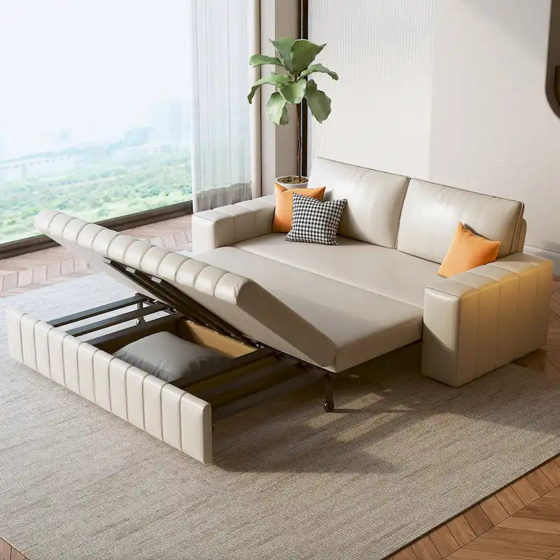 Canapé-lit 2 places en tissu gris clair / orange / noir avec rangement, 119 cm / 150 cm
