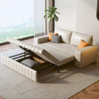 Canapé-lit 2 places en tissu gris clair / orange / noir avec rangement, 119 cm / 150 cm